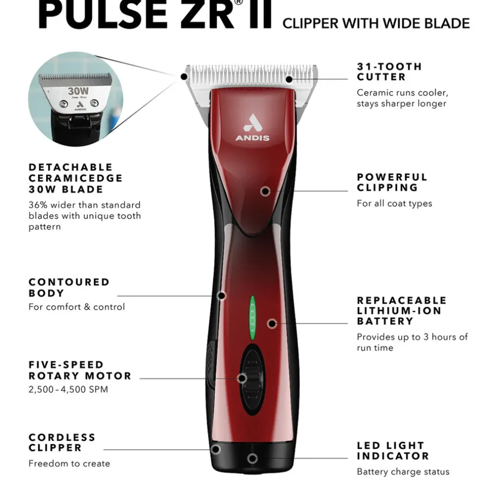 Andis DBLV-2-Pulse ZRA II 5-Speed Cordless Detachable Blade w/ CE 30w Wide Blade, Red