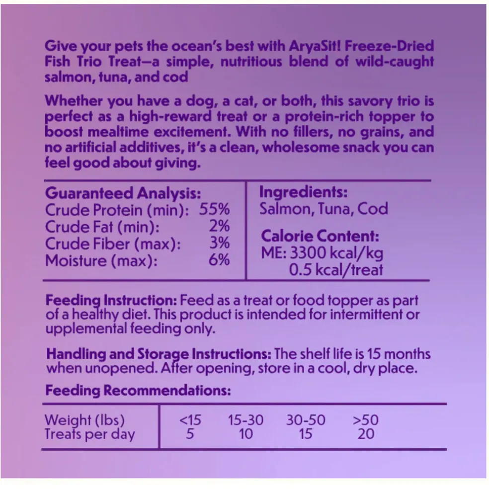Arya Sit Freeze-Dried Fish Trio Treat for Dogs & Cats