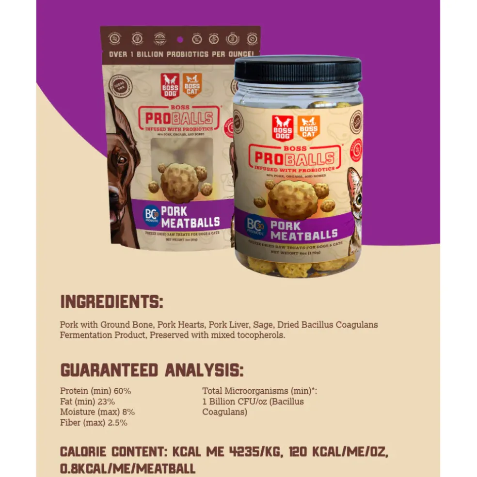 Boss Dog Proballs Freeze Dried Raw Pork Meatballs with Probiotics Treats for Dogs & Cats