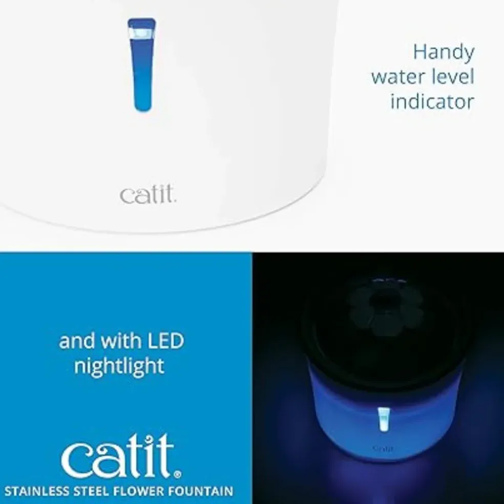 Catit LED Stainless Steel Top Flower Drinking Fountain for Cats