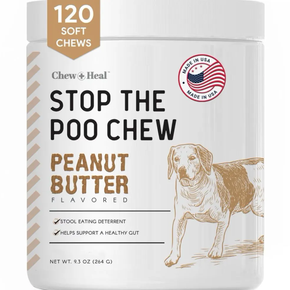 Chew + Heal Stop the Poo Chew Coprophagia Supplement for Dogs- Peanut Butter Flavor (120 Counts)