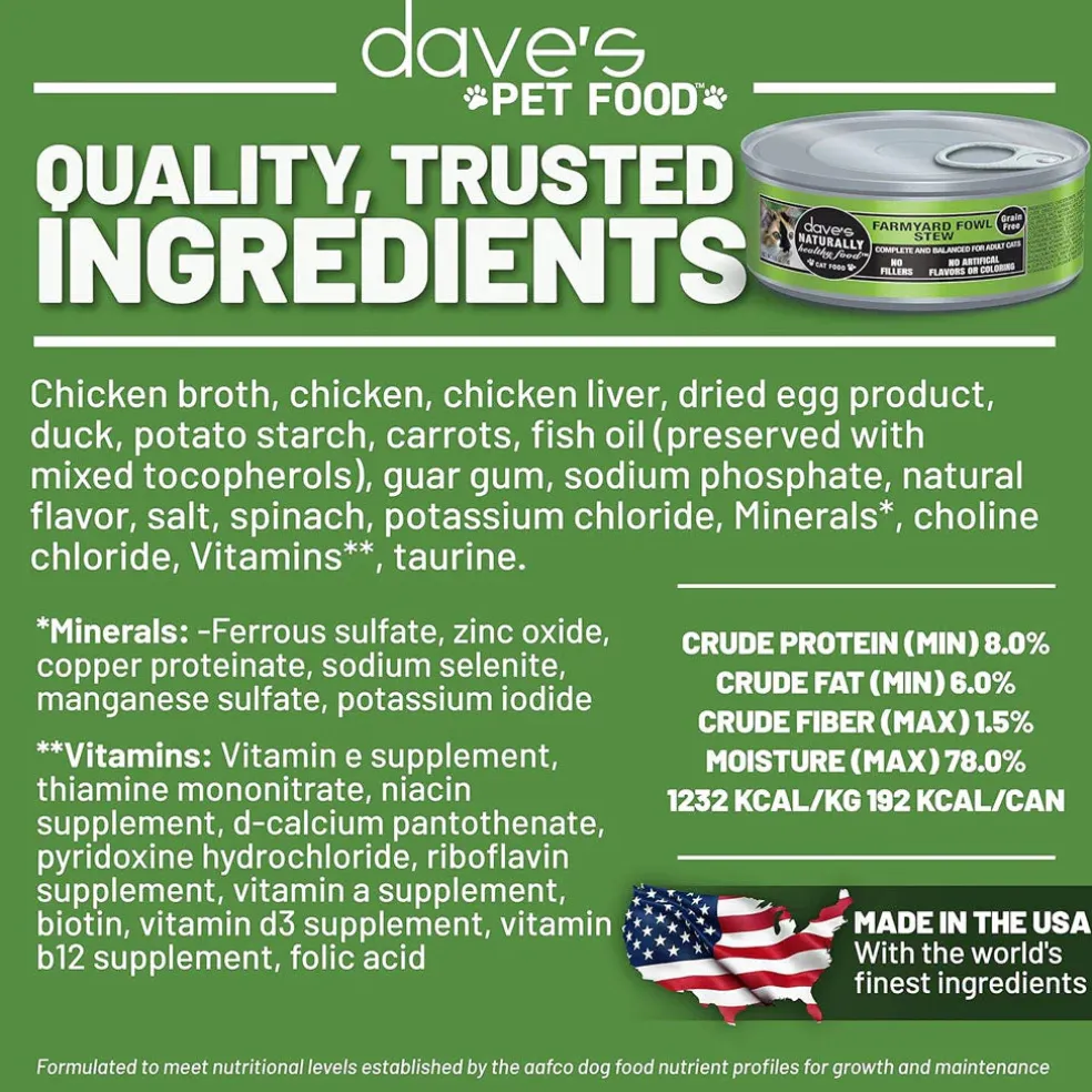 Dave's Pet Food Farmyard Fowl Stew Grain-Free Canned Wet Cat Food, 5.5-oz can, case of 24