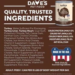 Dave's Pet Food 95% Premium Turkey & Turkey Liver Grain-Free Recipe Canned Wet Dog Food, 12.5-oz, case of 12