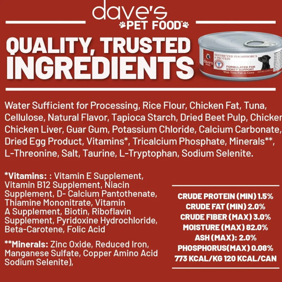 Dave's Pet Food Restricted Diet Phosphorus & Protein Kidney Support Tuna Pate in Gravy Wet Food for Dogs