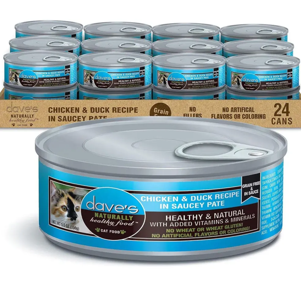 Dave's Pet Food Saucey Pate Chicken & Duck Recipe Grain-Free Canned Wet Cat Food, 5.5-oz can, case of 24