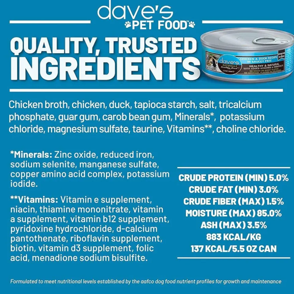 Dave's Pet Food Saucey Pate Chicken & Duck Recipe Grain-Free Canned Wet Cat Food, 5.5-oz can, case of 24