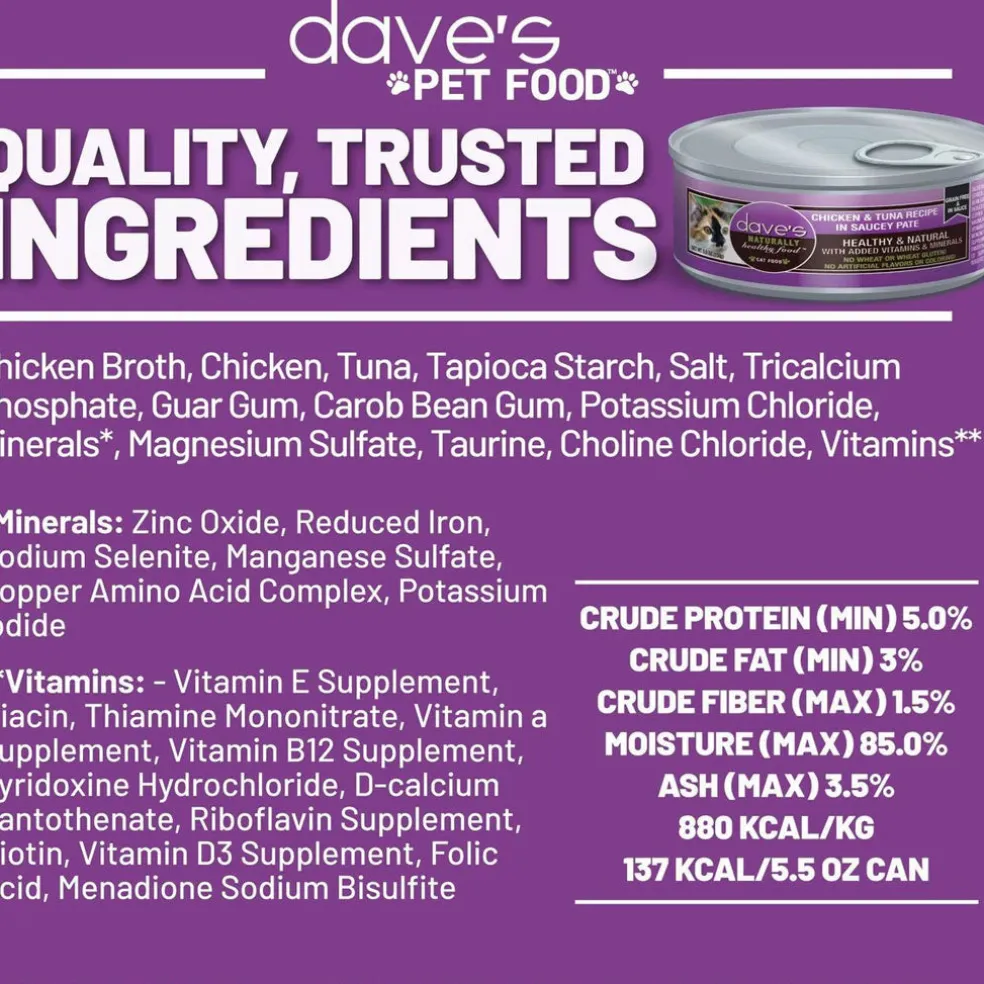 Dave's Pet Food Saucey Pate Chicken & Tuna Recipe Grain-Free Canned Wet Cat Food, 5.5-oz can, case of 24