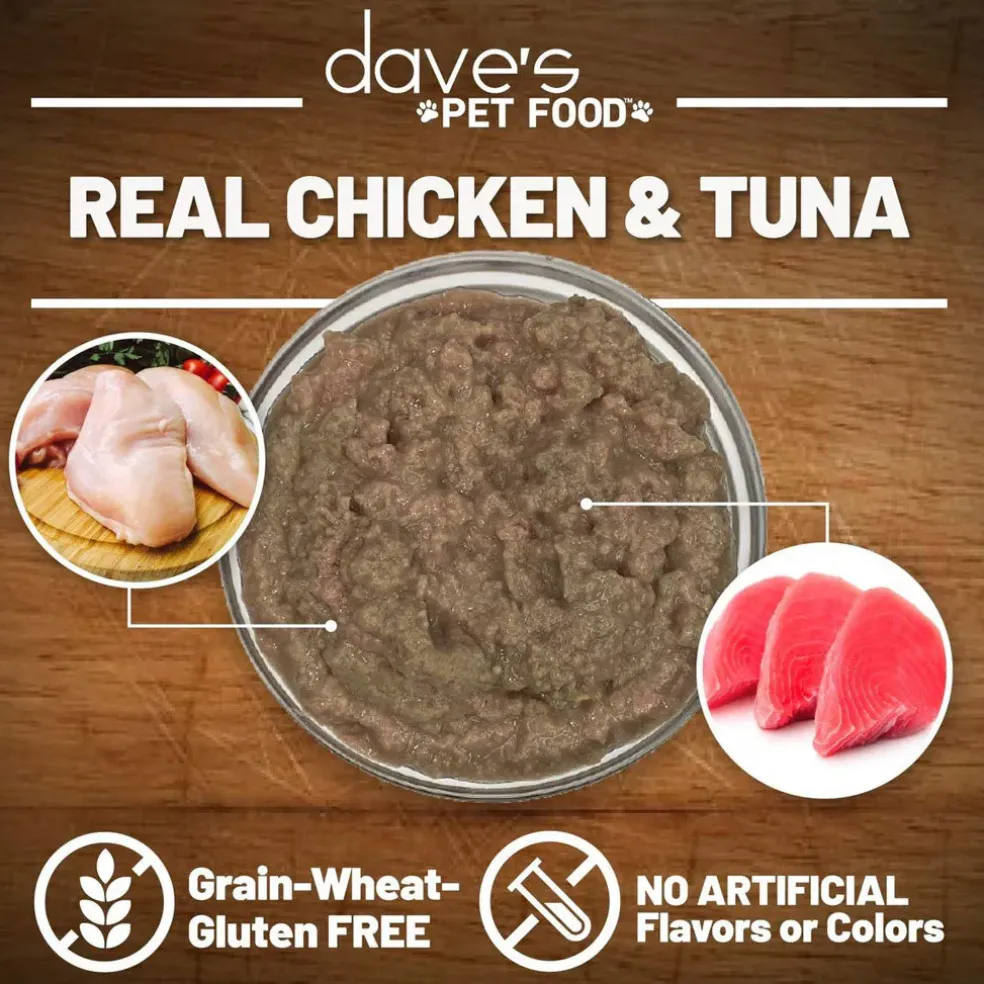 Dave's Pet Food Saucey Pate Chicken & Tuna Recipe Grain-Free Canned Wet Cat Food, 5.5-oz can, case of 24