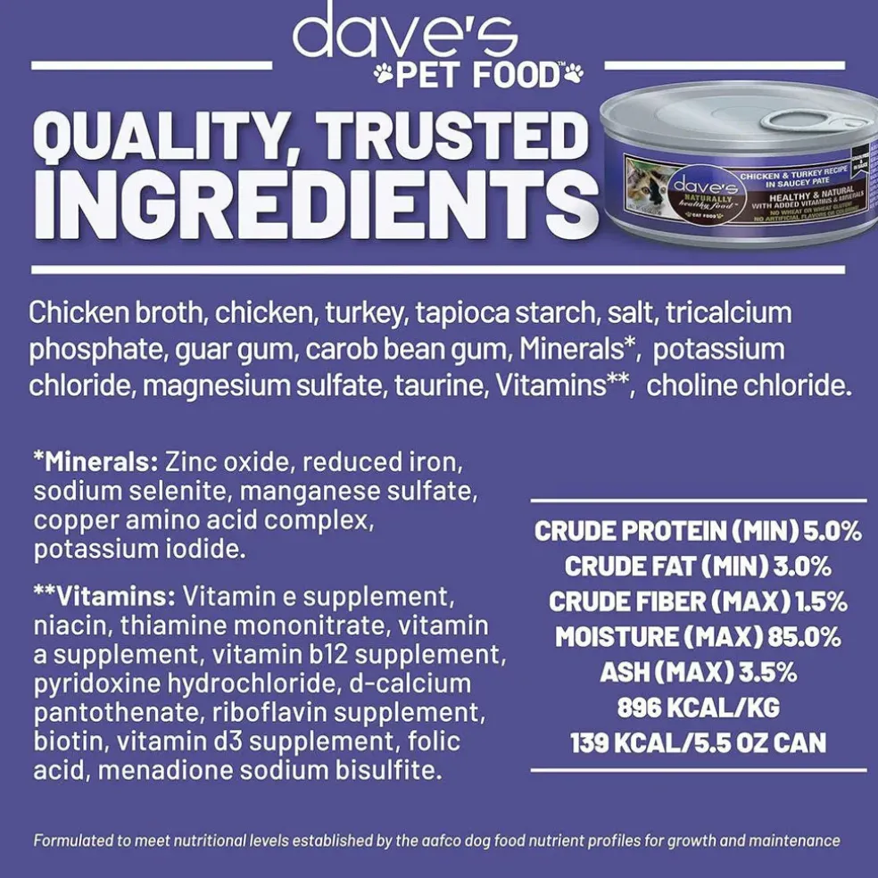 Dave's Pet Food Saucey Pate Chicken & Turkey Recipe Grain-Free Canned Wet Cat Food, 5.5-oz can, case of 24