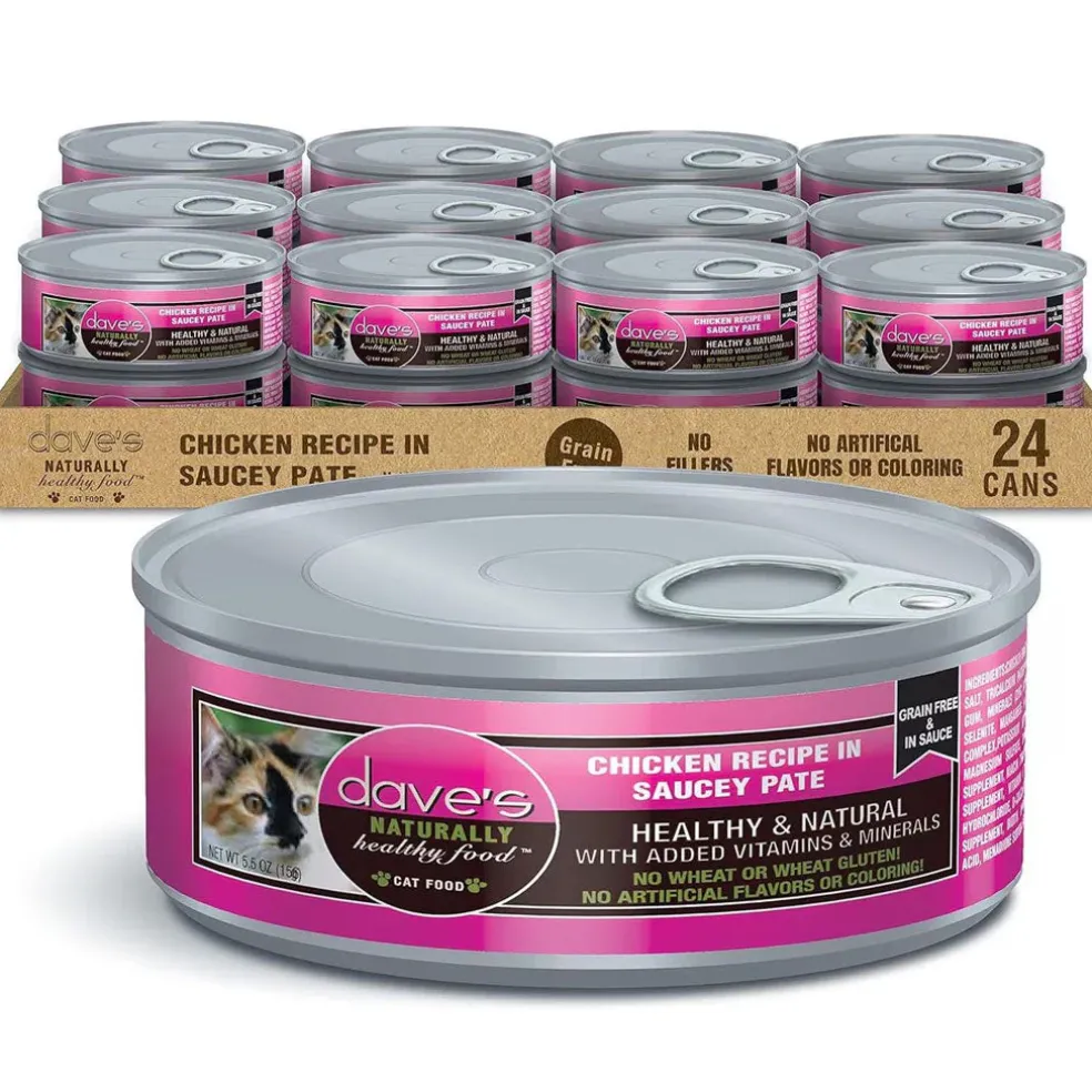 Dave's Pet Food Saucey Pate Chicken Recipe Grain-Free Wet Canned Cat Food, 5.5-oz can, case of 24