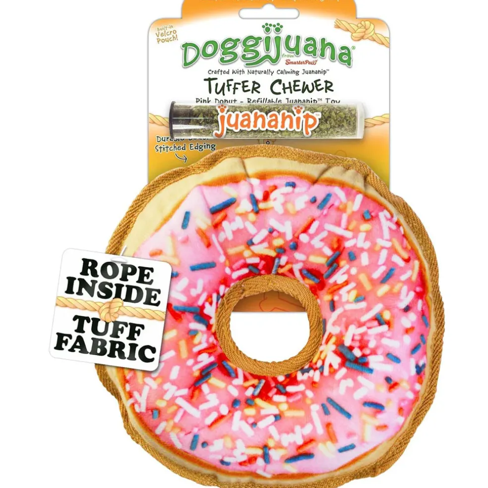 Doggijuana Tuffer Chewer Refillable Juananip Donut Tough Squeaky Dog Plush Toy, 1 count
