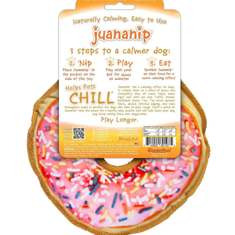 Doggijuana Tuffer Chewer Refillable Juananip Donut Tough Squeaky Dog Plush Toy, 1 count
