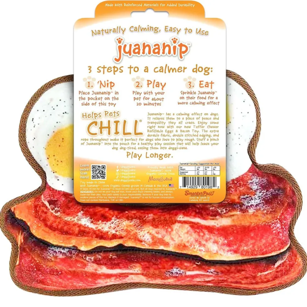 Doggijuana Tuffer Chewer Refillable Juananip Eggs & Bacon Squeaky Dog Plush Toy, 1 count