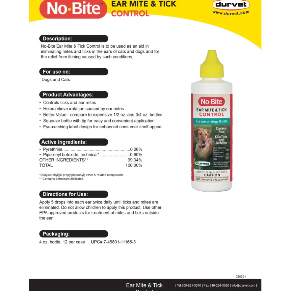 Durvet No-Bite™ Ear Mite & Tick Control Solution For Dogs & Cats (4 oz)