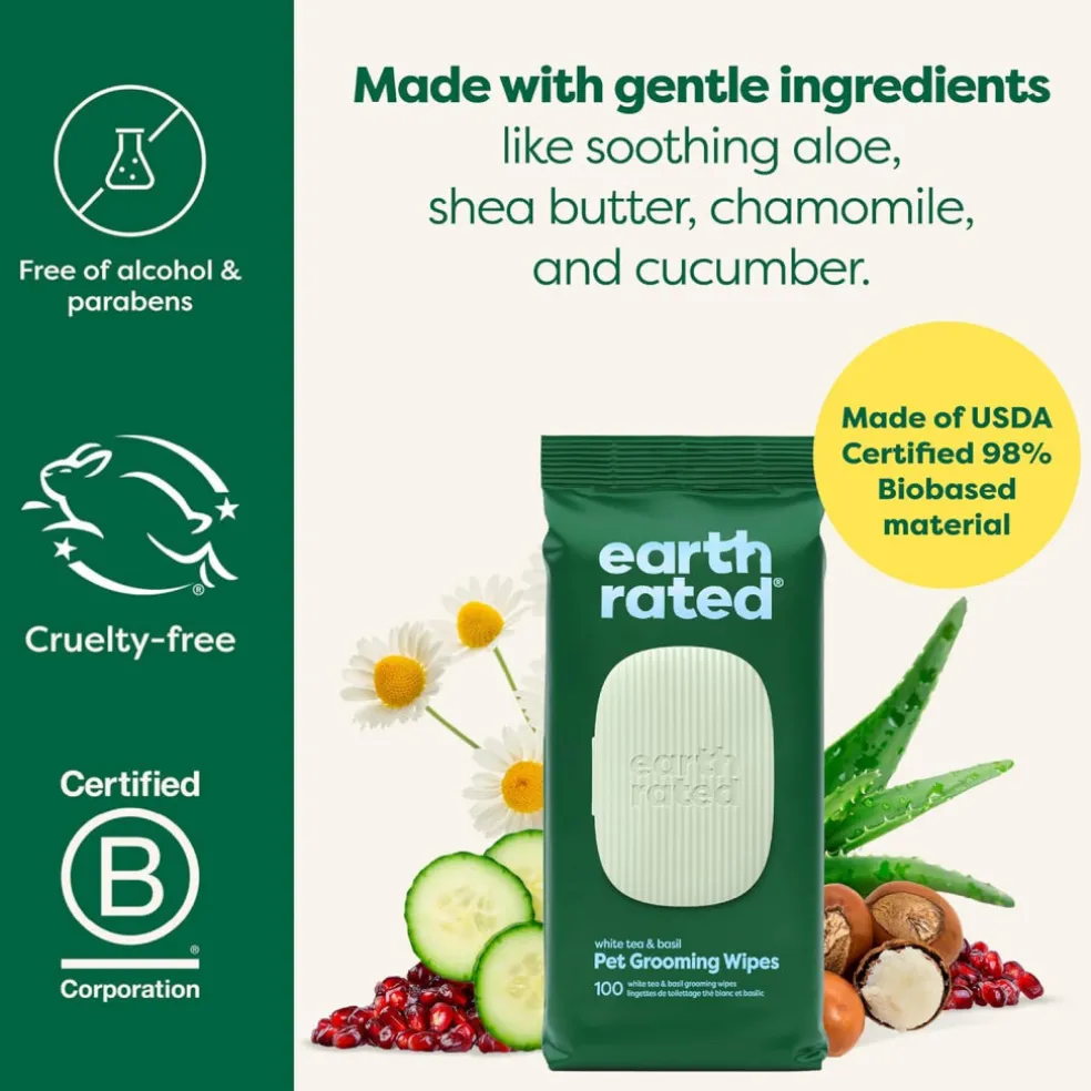 Earth Rated Hypoallergenic Dog Grooming Wipes, White Tea & Basil Scented (100 count)
