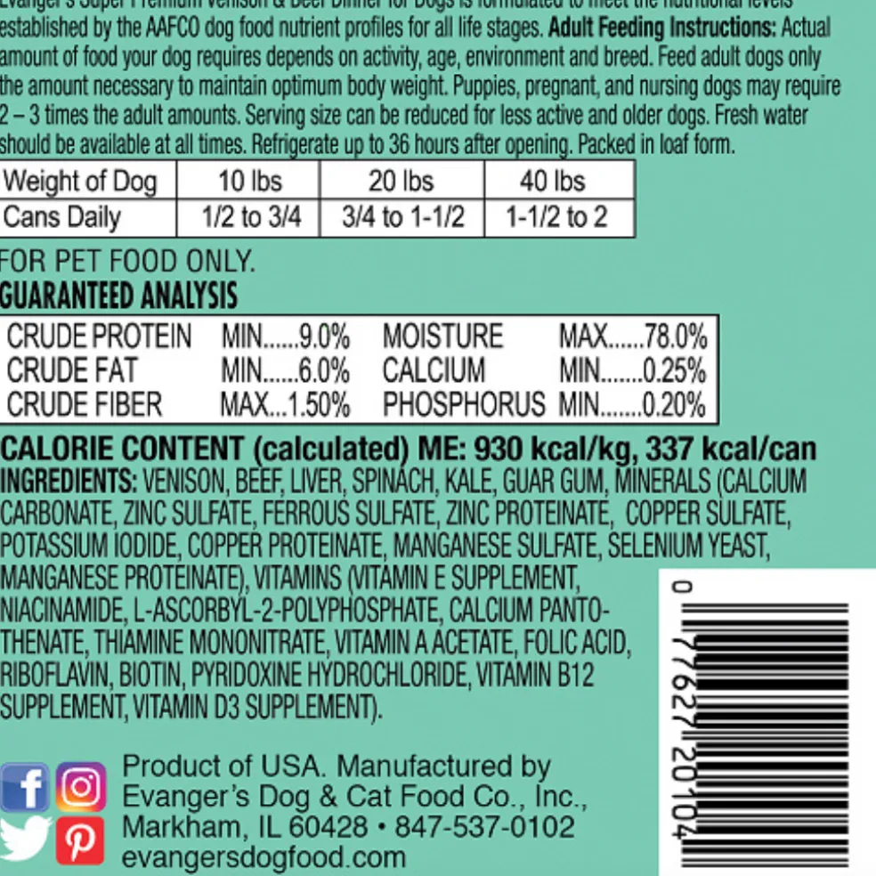 Evanger's Super Premium Venison & Beef Dinner Grain-Free Wet Dog Food, (12.8-oz x 12 cans)