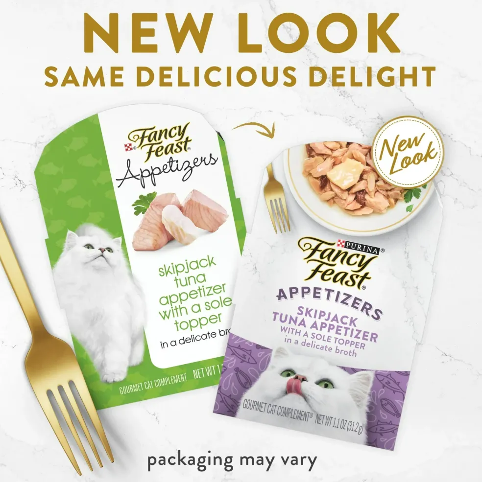 Fancy Feast Appetizers, Skipjack Tuna with a Sole Topper, Lickable Cat Treats, 1.1-oz tray, case of 10