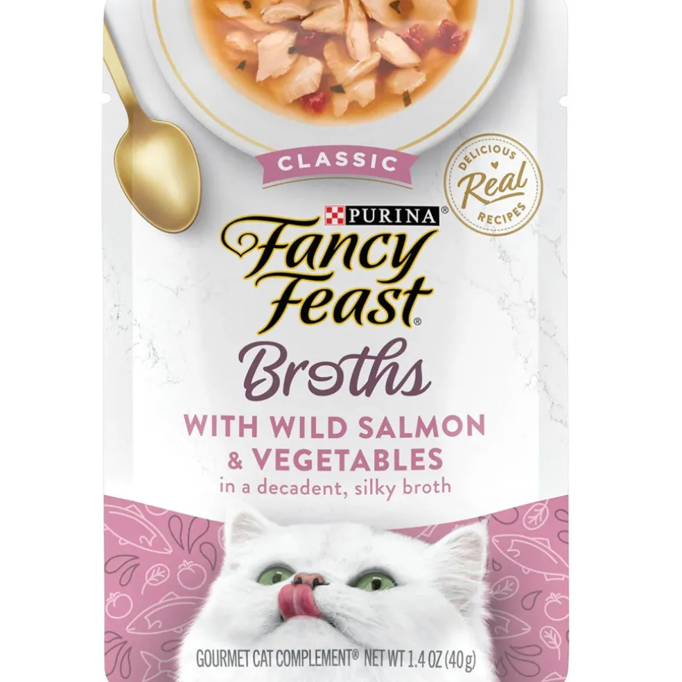 Fancy Feast Classic Broths with Wild Salmon & Vegetables Supplemental Wet Cat Food Pouches, 1.4-oz pouch, case of 16