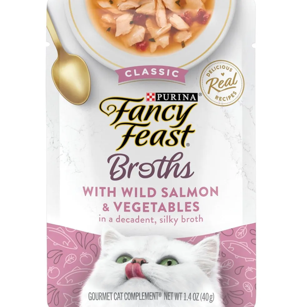 Fancy Feast Classic Broths with Wild Salmon & Vegetables Supplemental Wet Cat Food Pouches, 1.4-oz pouch, case of 16