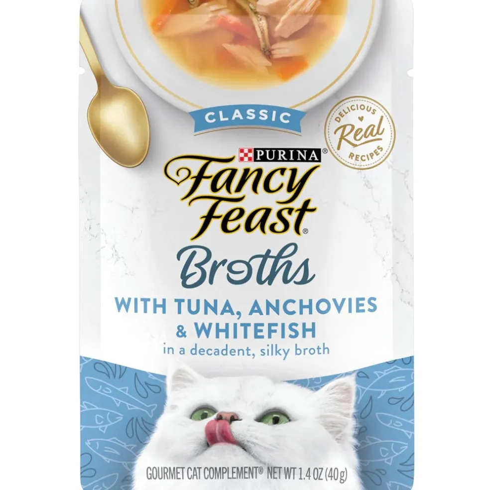 Fancy Feast Classic Broths with Tuna, Anchovies & Whitefish Supplemental Wet Cat Food Pouches, 1.4-oz pouch, case of 16