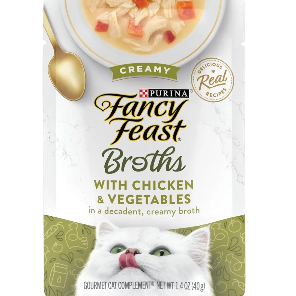 Fancy Feast Creamy Broths with Chicken & Vegetables Supplemental Wet Cat Food Pouches, 1.4-oz, case of 16