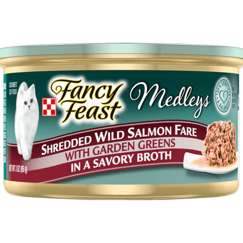 Fancy Feast Medleys Shredded Wild Salmon Fare in Broth Wet Cat Food, 3-oz case of 24