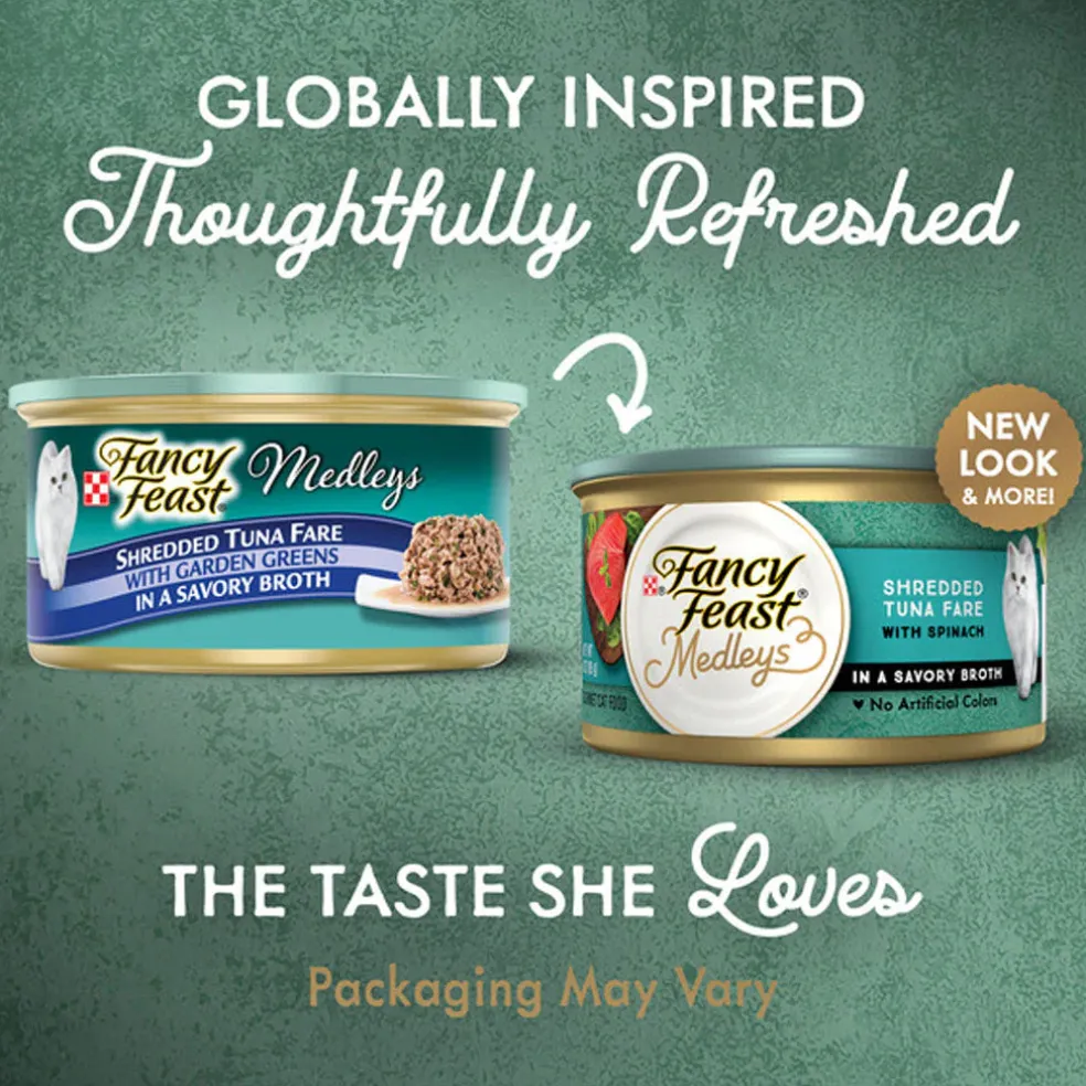 Fancy Feast Medleys Shredded Yellowfin Tuna in Broth Wet Cat food, 3-oz case of 24