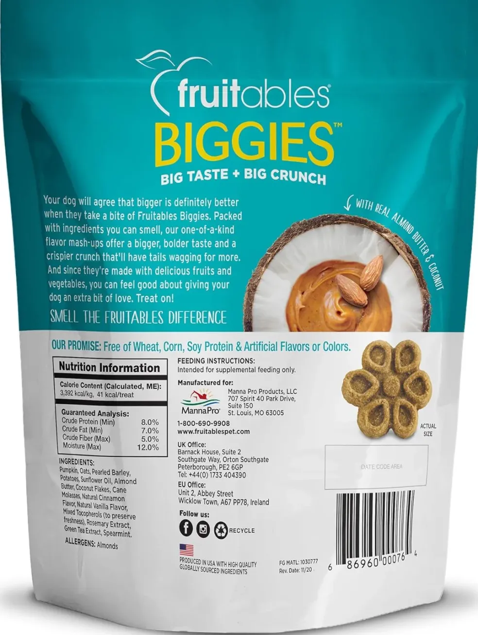 Fruitables BIGGIES Almond Butter & Coconut Dog Treats (16 oz)