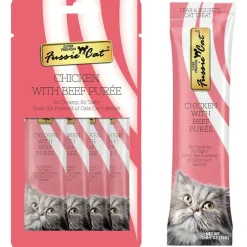 Fussie Cat Chicken with Beef Puree Lickable Cat Treats, 0.5-oz x 4-tubes