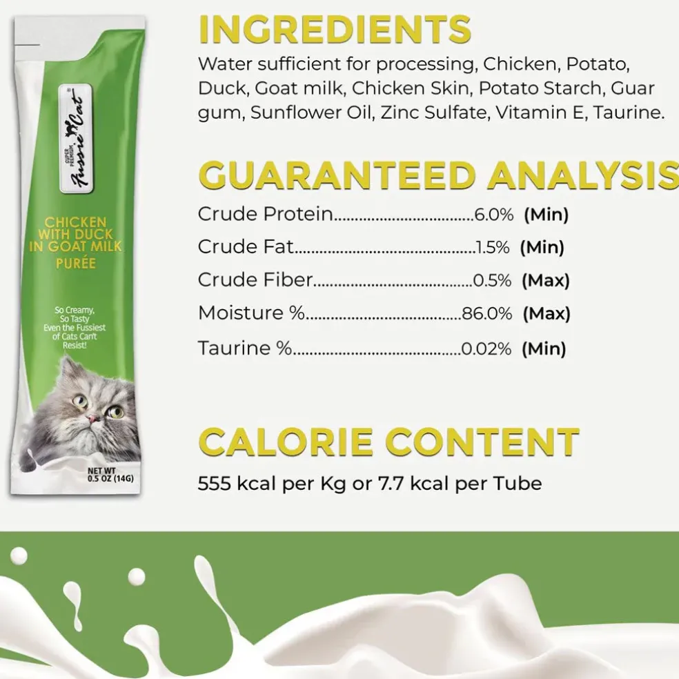 Fussie Cat Chicken with Duck in Goat Milk Puree Lickable Cat Treats, 0.5-oz x 4-tubes