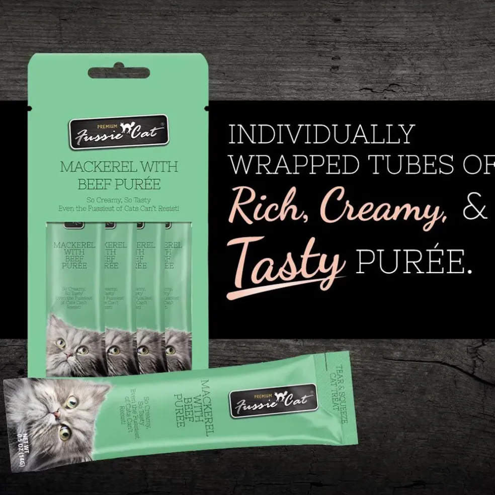 Fussie Cat Mackerel with Beef Puree Lickable Cat Treats, 0.5-oz x 4-tubes