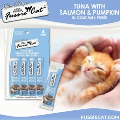 Fussie Cat Tuna, Salmon & Pumpkin in Goat Milk Puree Lickable Kitten Recipe, 0.5-oz tube, 4-count