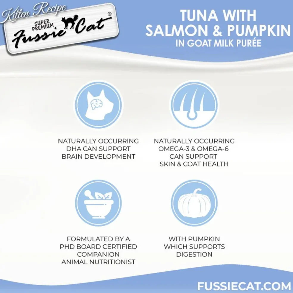Fussie Cat Tuna, Salmon & Pumpkin in Goat Milk Puree Lickable Kitten Recipe, 0.5-oz tube, 4-count