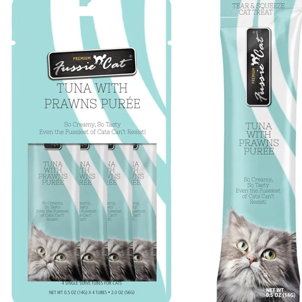 Fussie Cat Tuna with Prawns Puree Lickable Cat Treats, 0.5-oz x 4-tubes