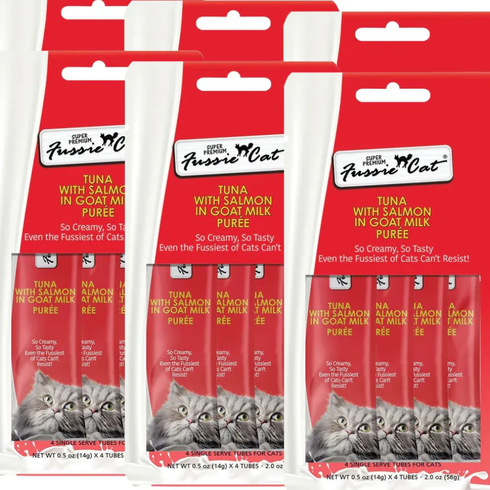 Fussie Cat Tuna with Salmon in Goat Milk Puree Lickable Cat Treats, 0.5-oz x 4-tubes