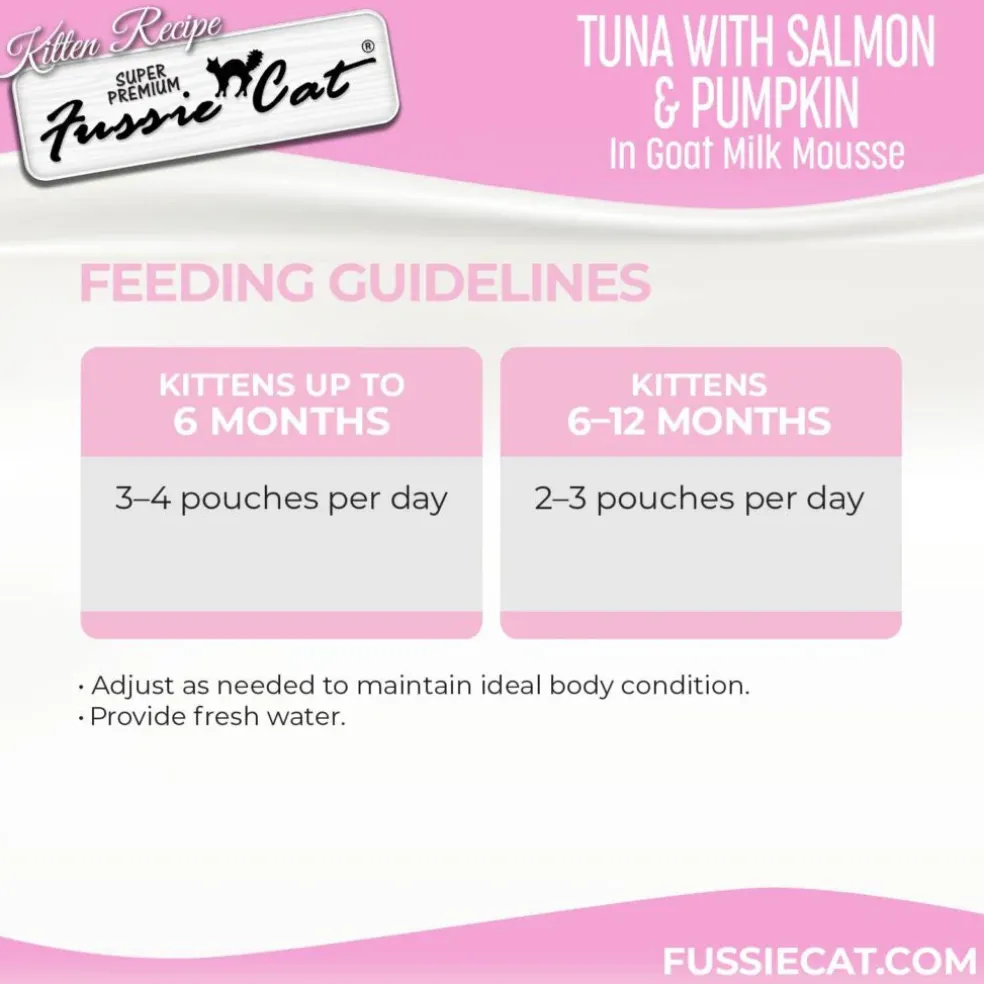 Fussie Cat Tuna with Salmon in Goat Milk Shreds Kitten Pouch, 1.5-oz case of 12