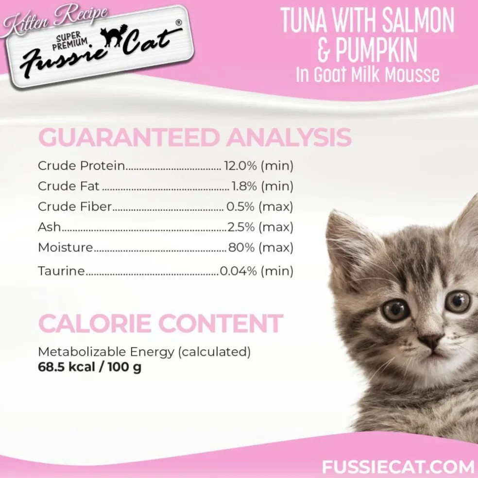 Fussie Cat Tuna with Salmon in Goat Milk Shreds Kitten Pouch, 1.5-oz case of 12