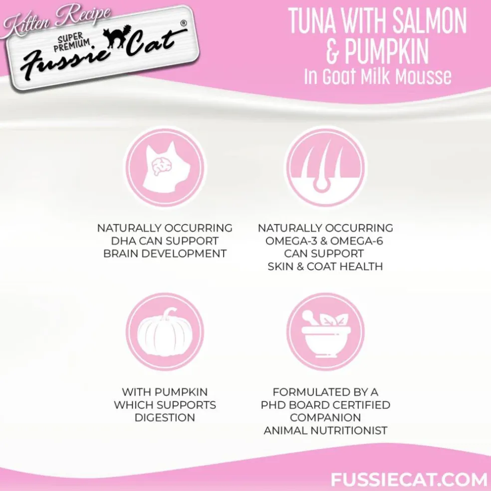 Fussie Cat Tuna with Salmon in Goat Milk Shreds Kitten Pouch, 1.5-oz case of 12