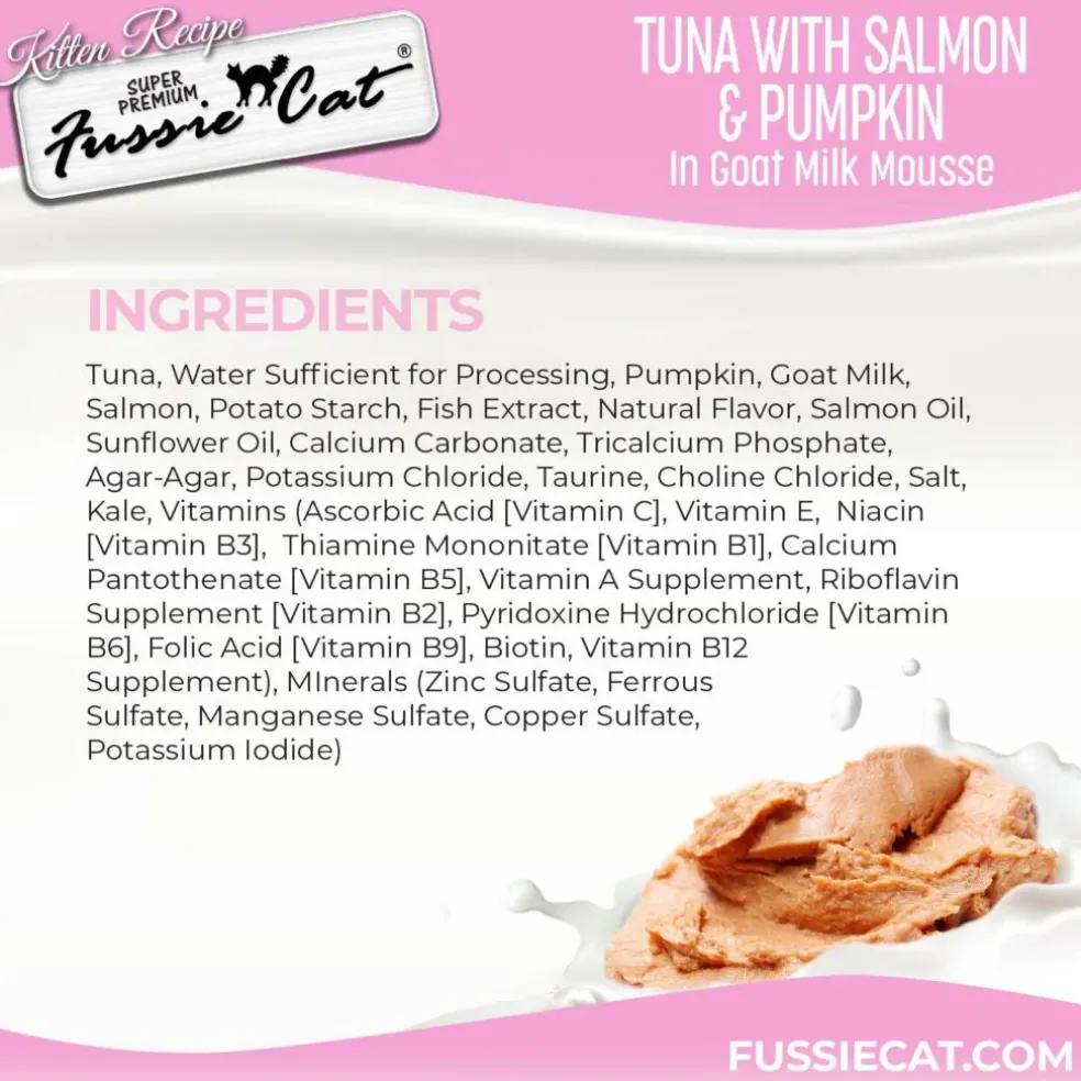 Fussie Cat Tuna with Salmon in Goat Milk Shreds Kitten Pouch, 1.5-oz case of 12