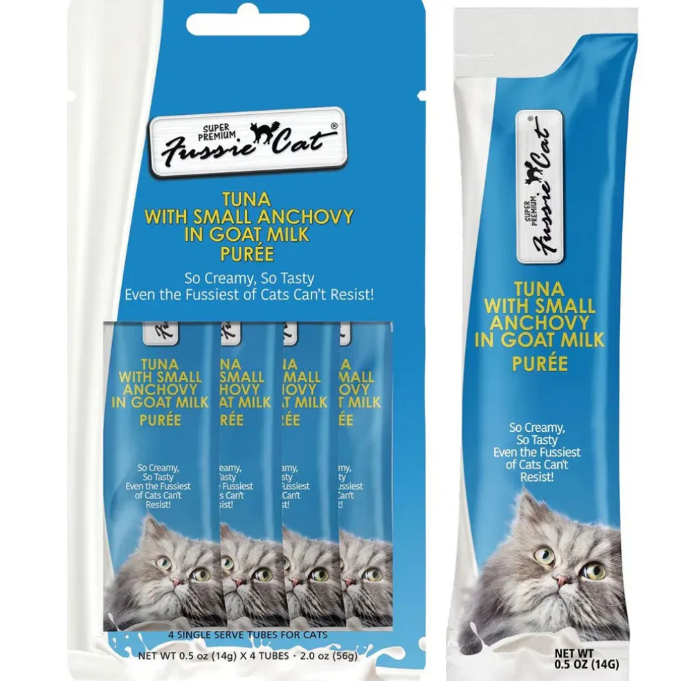 Fussie Cat Tuna with Small Anchovy in Goat Milk Puree Lickable Cat Treats, 0.5-oz x 4-tubes