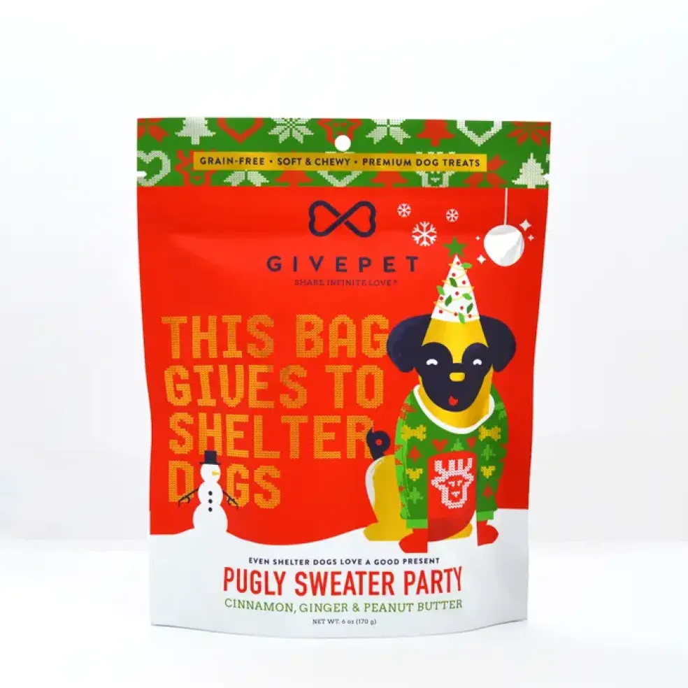 GivePet Free Pugly Sweater Party Cinnamon, Ginger & Peanut Butter Flavor Dog Treats, 6-oz