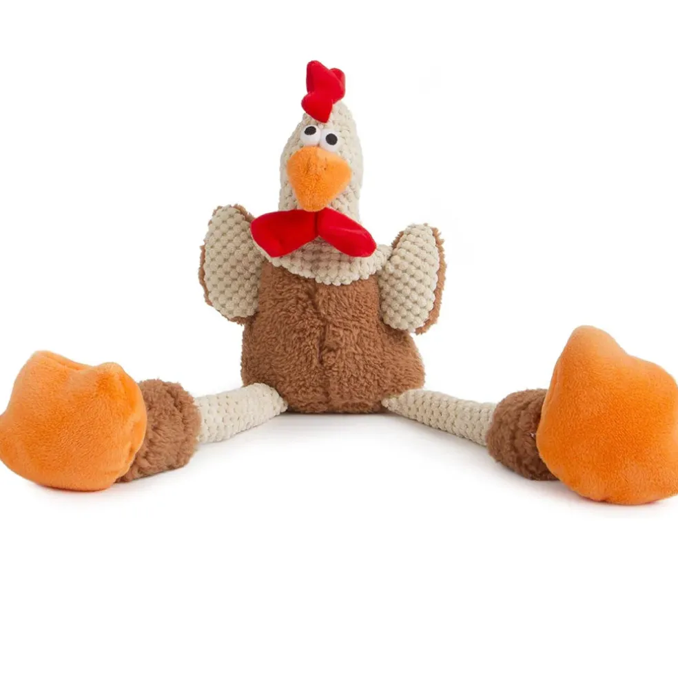 GoDog Checkers Skinny Brown Rooster Plush Squeaker Dog Toy