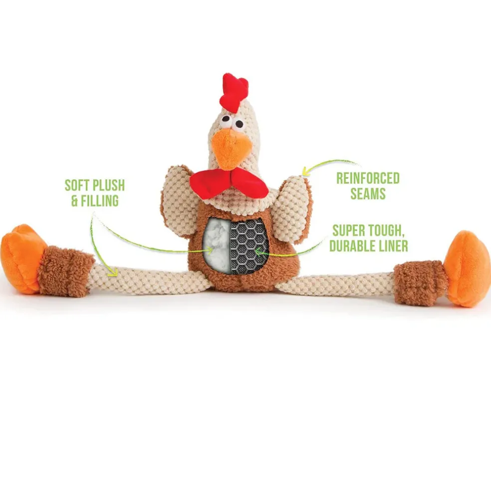 GoDog Checkers Skinny Brown Rooster Plush Squeaker Dog Toy