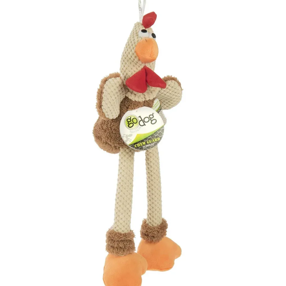 GoDog Checkers Skinny Brown Rooster Plush Squeaker Dog Toy