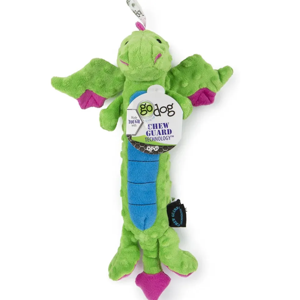 GoDog Dragons Skinny Chew Guard Squeaky Plush Dog Toy, Green, Large