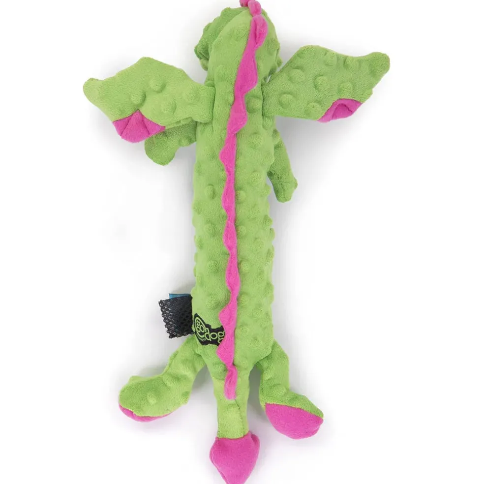 GoDog Dragons Skinny Chew Guard Squeaky Plush Dog Toy, Green, Large