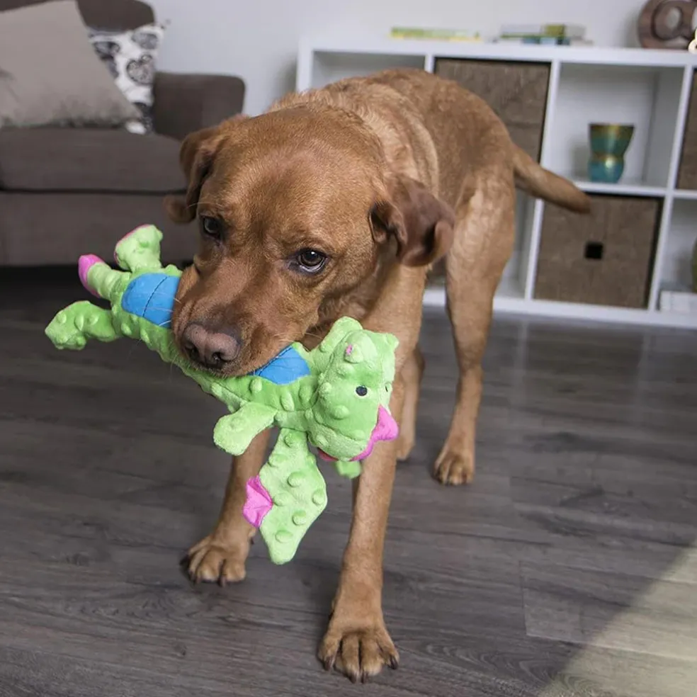 GoDog Dragons Skinny Chew Guard Squeaky Plush Dog Toy, Green, Large