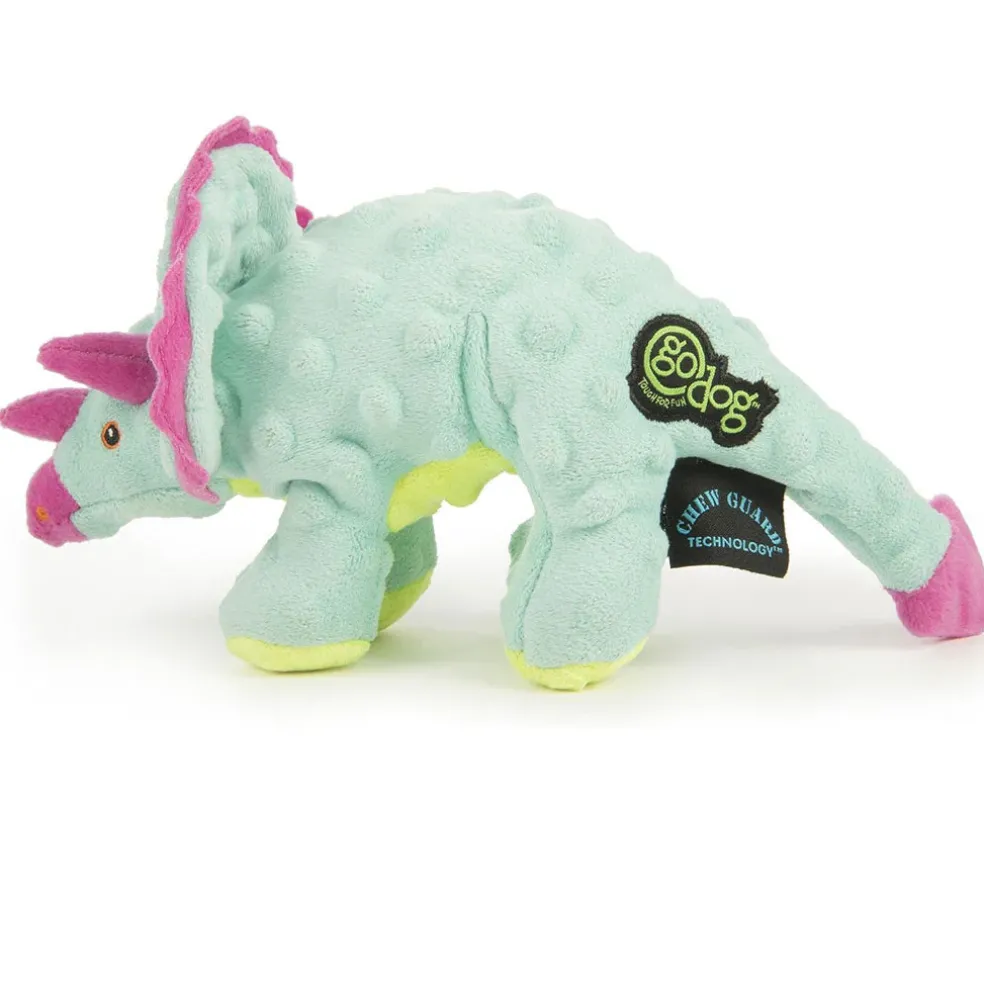 GoDog Teal Dinos Frills Chew Guard Squeaky Plush Dog Toy, Small