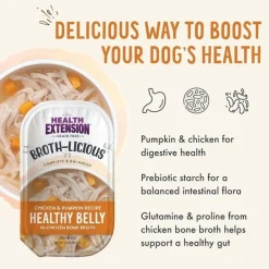 Health Extension Broth-Licious Healthy Belly Grain-Free Chicken & Pumpkin in Chicken Bone Broth Wet Dog Food, 3.5-oz tray, case of 12