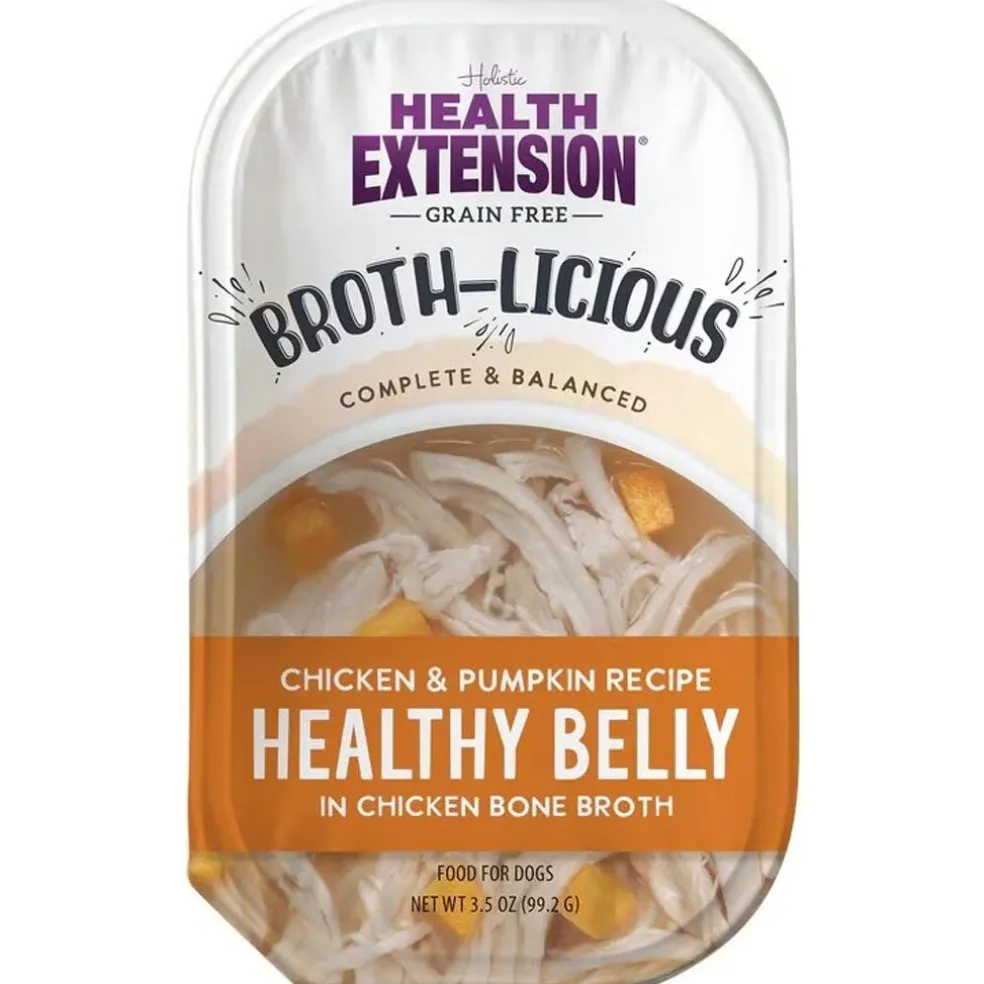 Health Extension Broth-Licious Healthy Belly Grain-Free Chicken & Pumpkin in Chicken Bone Broth Wet Dog Food, 3.5-oz tray, case of 12